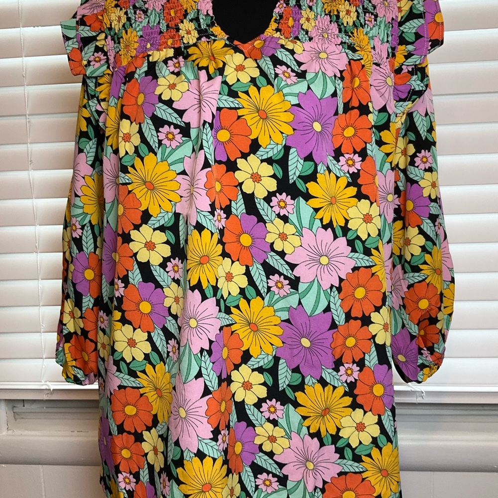 Umgee Black Floral Puff-Sleeve Blouse with Yellow, Pink, Orange & Purple Flowers